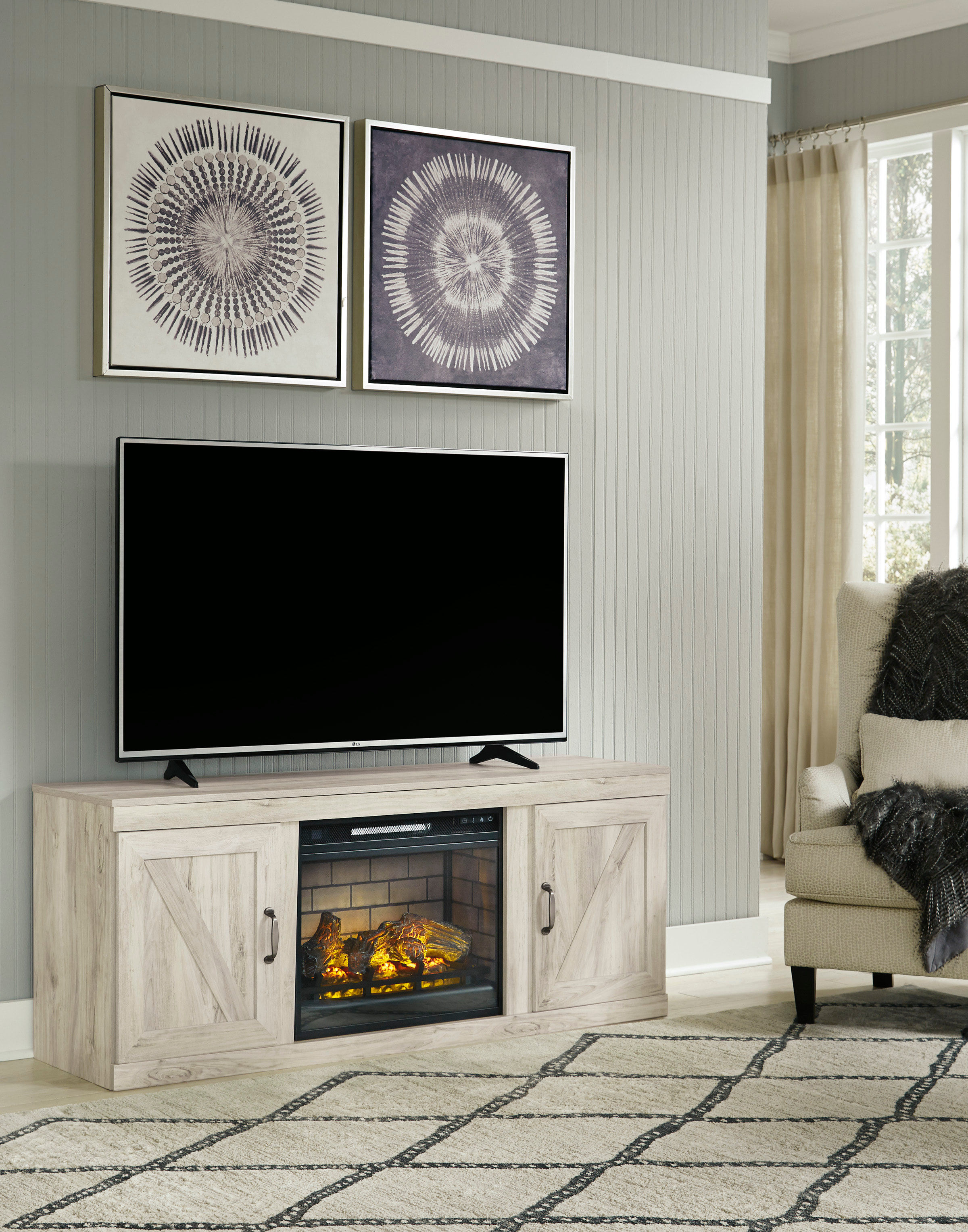 EW0331-268 60" Whitewash TV Stand with Fireplace