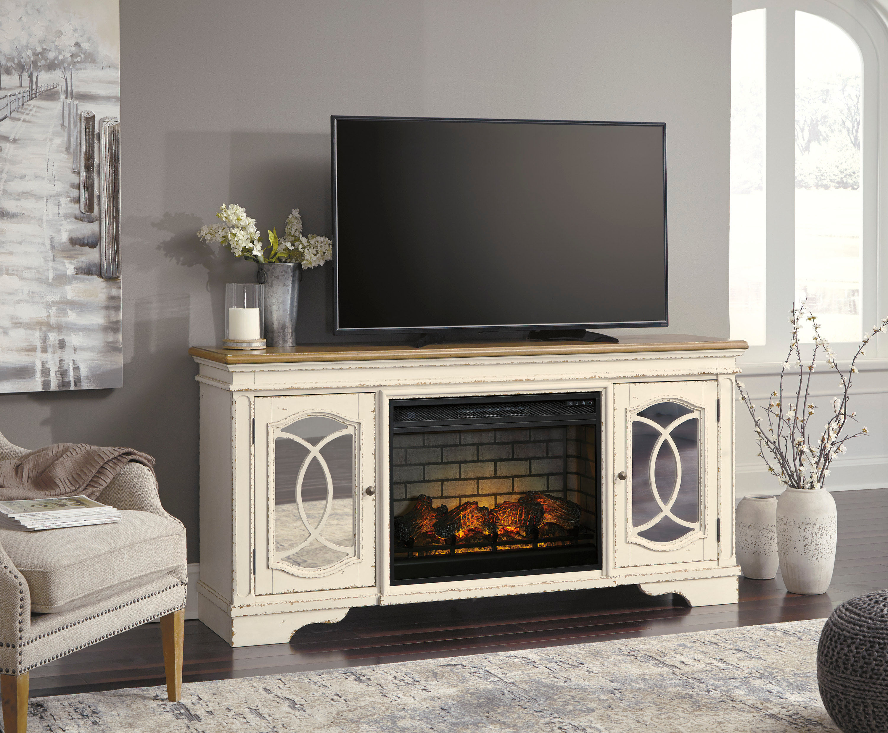 W743-68 74" Chipped White TV Stand with Fireplace