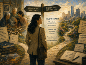 Illustration of a multicultural professional choosing her own direction while remaining connected to family, cultural inheritance and the values that shaped her.
