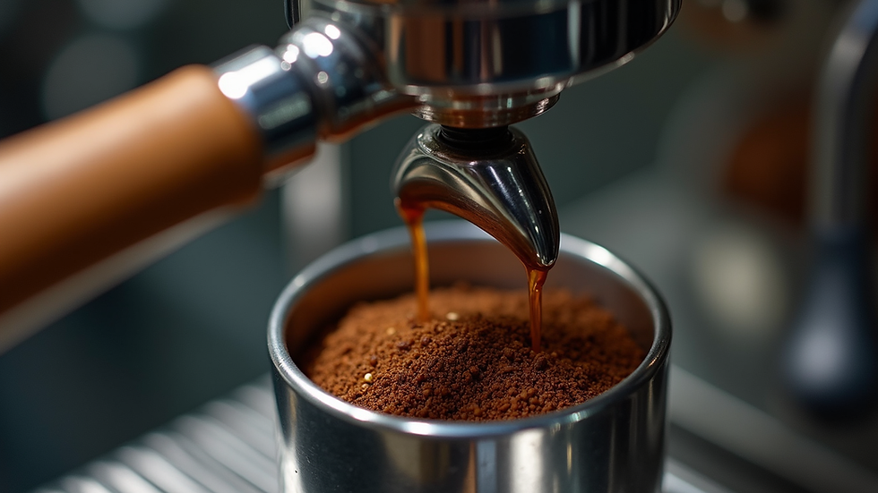 Close-up view of espresso machine portafilter with freshly ground coffee