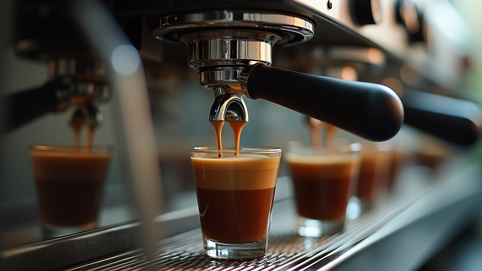 Eye-level view of espresso machine with freshly pulled espresso shot