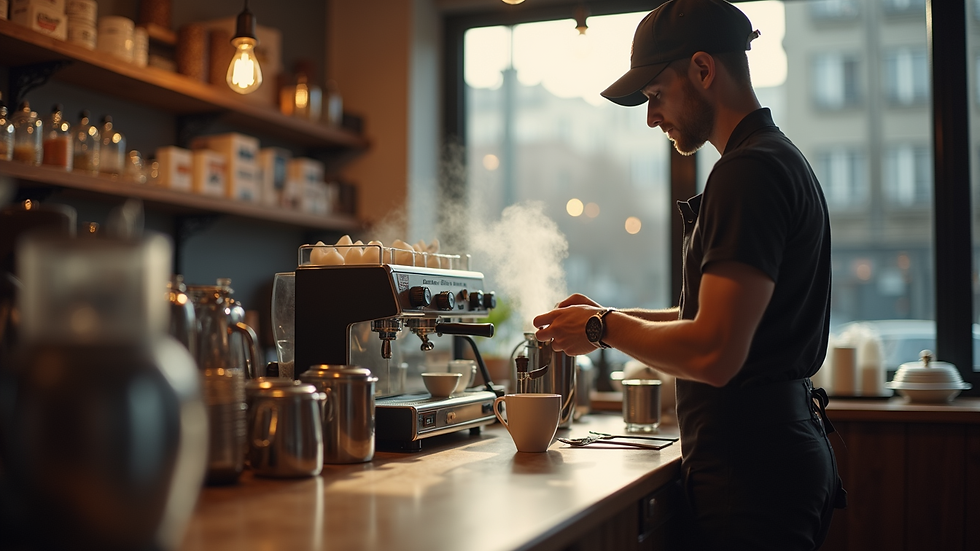 Eye-level view of barista steaming milk in a coffee shop