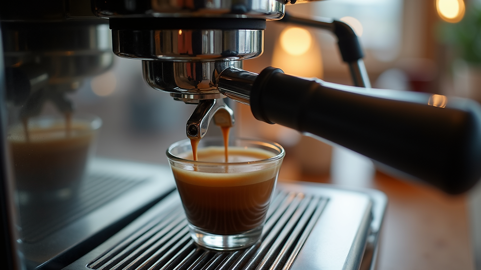 Close-up view of espresso machine with freshly brewed coffee