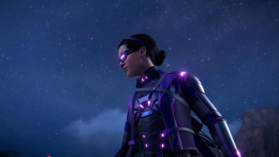 A digital representation of a female character with sleek hair pulled back, wearing a purple-lit, high-tech suit and sunglasses that reflect a subtle light. She gazes thoughtfully into the distance under a star-studded night sky, which creates a serene and mysterious atmosphere.