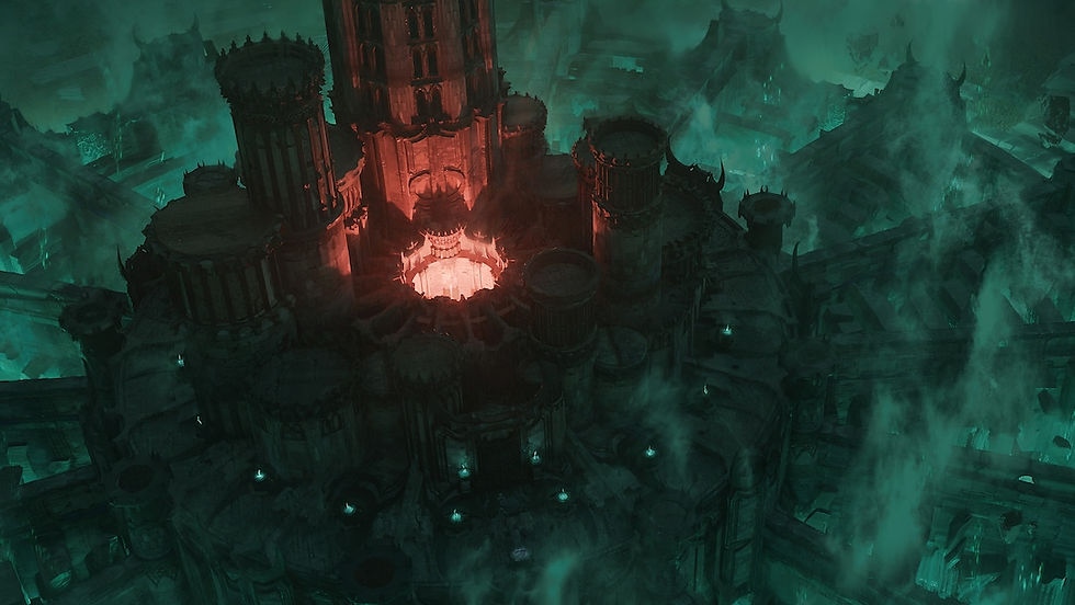 An atmospheric artwork of a dark fantasy landscape showing a towering castle with multiple spires shrouded in greenish fog with mysterious lights glowing faintly in the dusk.