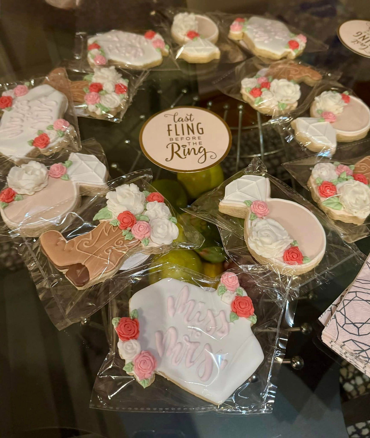 Beautiful & Delicious Cookies, boots, miss to mrs and ring Made by The Crafty Cookie for bachelorette party prior to wedding at luxury venue near summersville wv