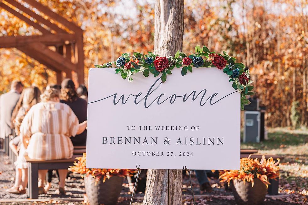 Custom wedding sign with floral decor reads "Welcome to the wedding of Brennan & Aislinn, October 27, 2024." Guests seated outdoors with fall foliage at stunning West Virginia wedding venue with outdoor ceremony site.