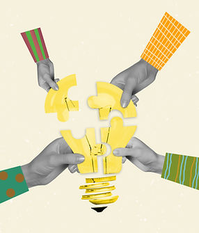 Composite collage image of four people arms fingers black white effect hold lightbulb puzz