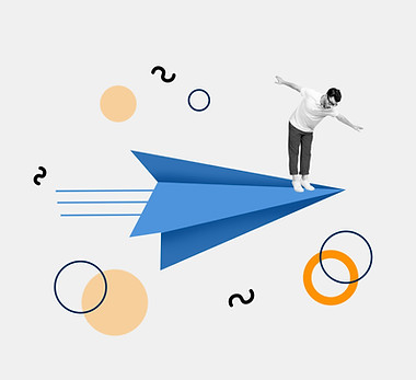 Composite creative illustration photo collage of terrified man standing on flying fast pap