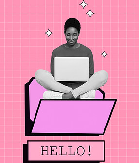 Creative collage young girl call center support manager work remote use laptop for job hel
