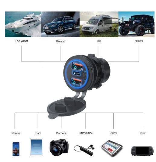 Miniatura: Tomada Carregador Duplo Qc3.0, Usb & Pd Tipo-c Triplo 12/24v