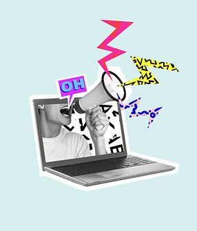 Shouting out your own thoughts online. Man with megaphone in laptop. Modern design, contem