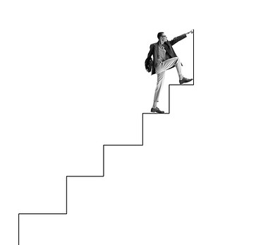 Young motivated man, employee walking upwards the stairs. Career growth and success in pro