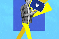 Collage 3d image of pinup pop retro sketch of smiling guy getting instagram twitter facebo