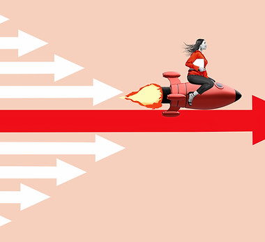 Art collage Woman with a telescope looks to the success on top of the arrow, isolated on f