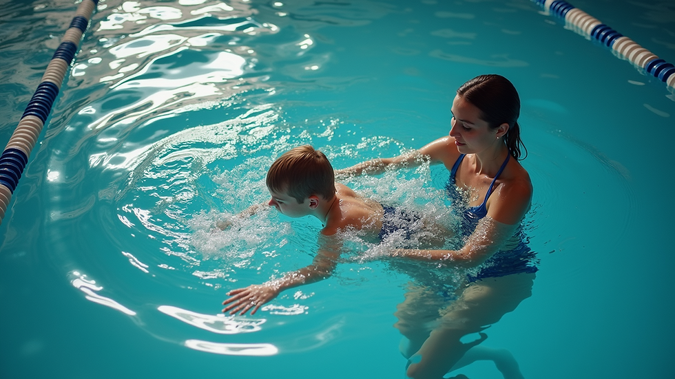 High angle view of a beginner swimmer practicing floating with instructor support