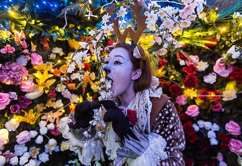 A fawn feasts on an over-hanging flowering plant in front of a wall full of blooming, pink, white, red and yellow flowers in amongst fairy lights and foliage. It looks magical. The fawn is wearing brown antlers. She has a white painted face, with a black nose and lips, and lighter freckle-like markings across her cheeks. She wears black gloves and a brown and white speckled fur coat over the top of a lacy, blouse with ruffled neck and cuffs. There is a red bow around her neck. She looks off to her right as she eats from the plant overhead. 