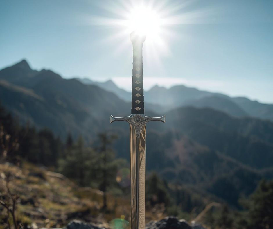 Glänzendes Schwert im Sonnenlicht als Symbol für Yang Metall und klare Entscheidungen.