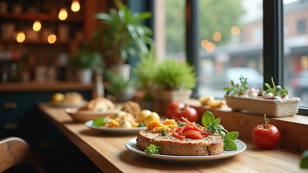 Wide angle view of a vibrant café with healthy food options