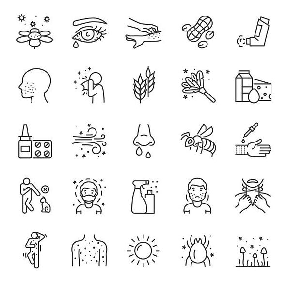 Visuel graphique en noir et blanc affichant une liste de pictogrammes d'allergies (pollen, aliments, poussière), mettant en avant l'hypnose à Colmar comme approche complémentaire pour calmer les réactions excessives du corps et retrouver du confort au quotidien.
