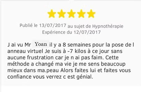 Avis hypnose Colmar : réussite de l'anneau virtuel avec une perte de 7 kilos.