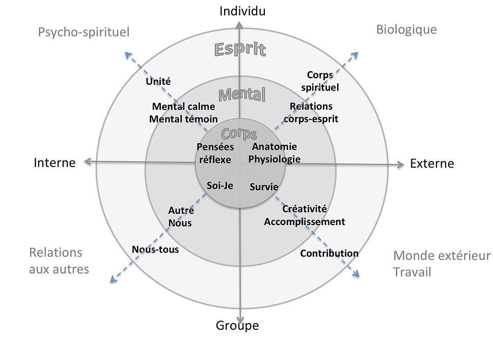 Schéma composé de 4 cercles liant le corps, le mental, l'esprit et l'individu, expliquant l'approche globale d'hypnose-Colmar