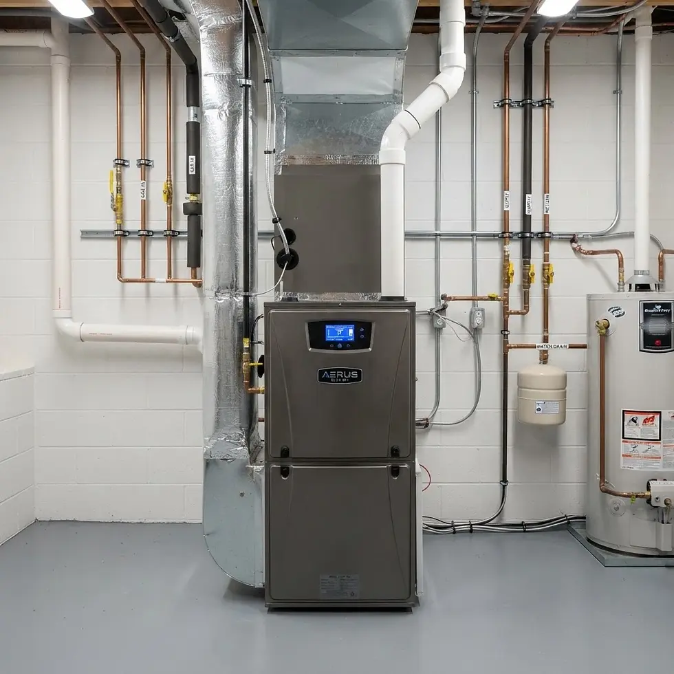 Utility room photography of a modern central furnace and water heater. The system is installed in a well-lit basement with visible plumbing and ductwork.
