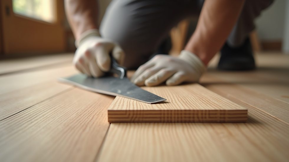 Close-up view of professional hardwood floor installation tools and wood planks
