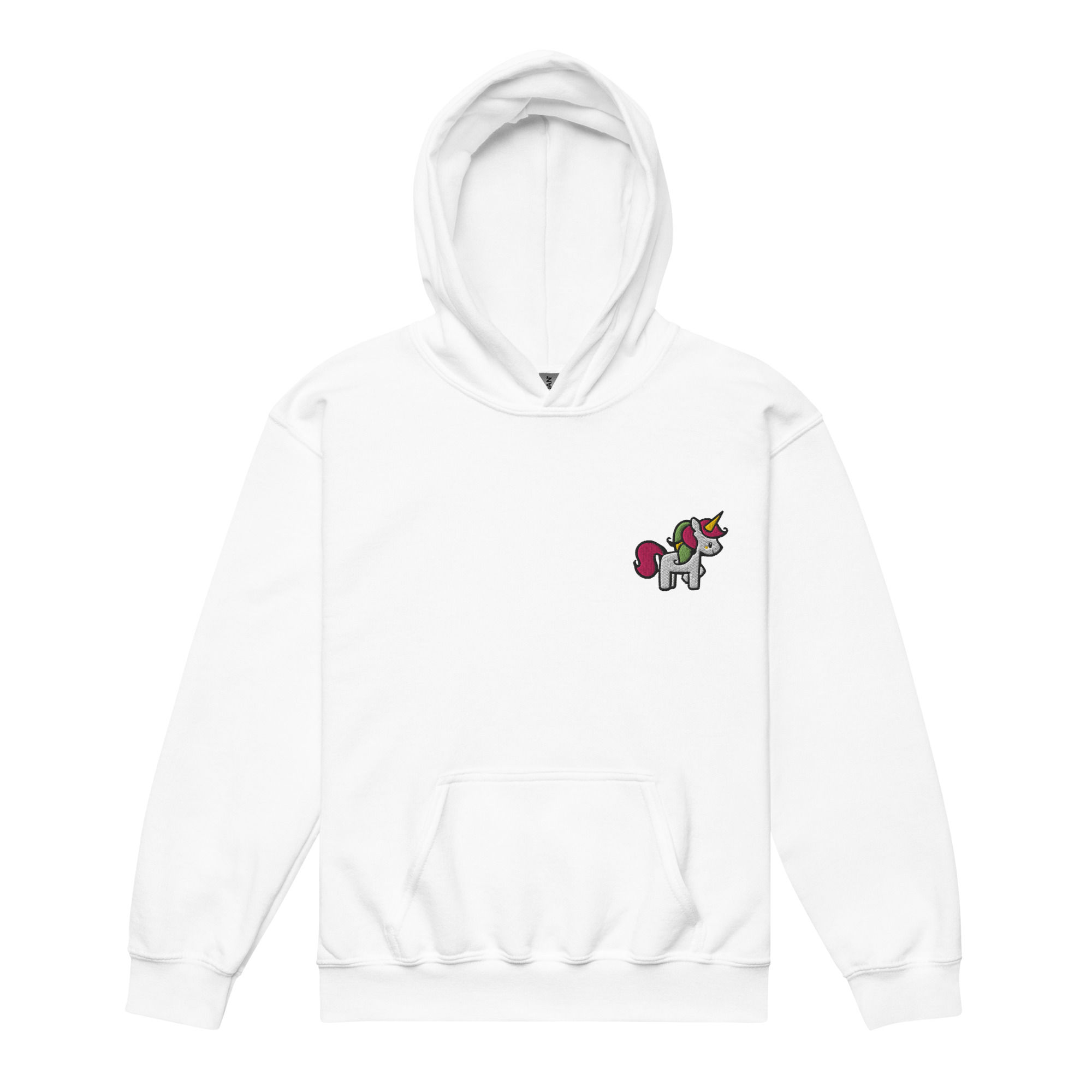 Embroidered Pink Hair Unicorn Hoodie | Youth | White