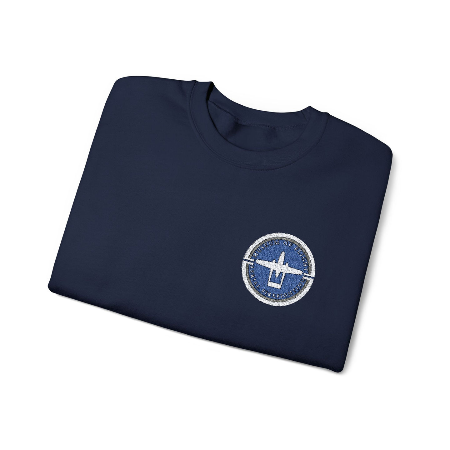 Folded navy blue t-shirt with embroidered plane logo