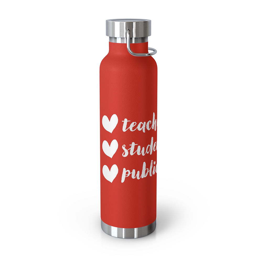Red teacher tumbler with hearts and text:  Love teaching students and public
