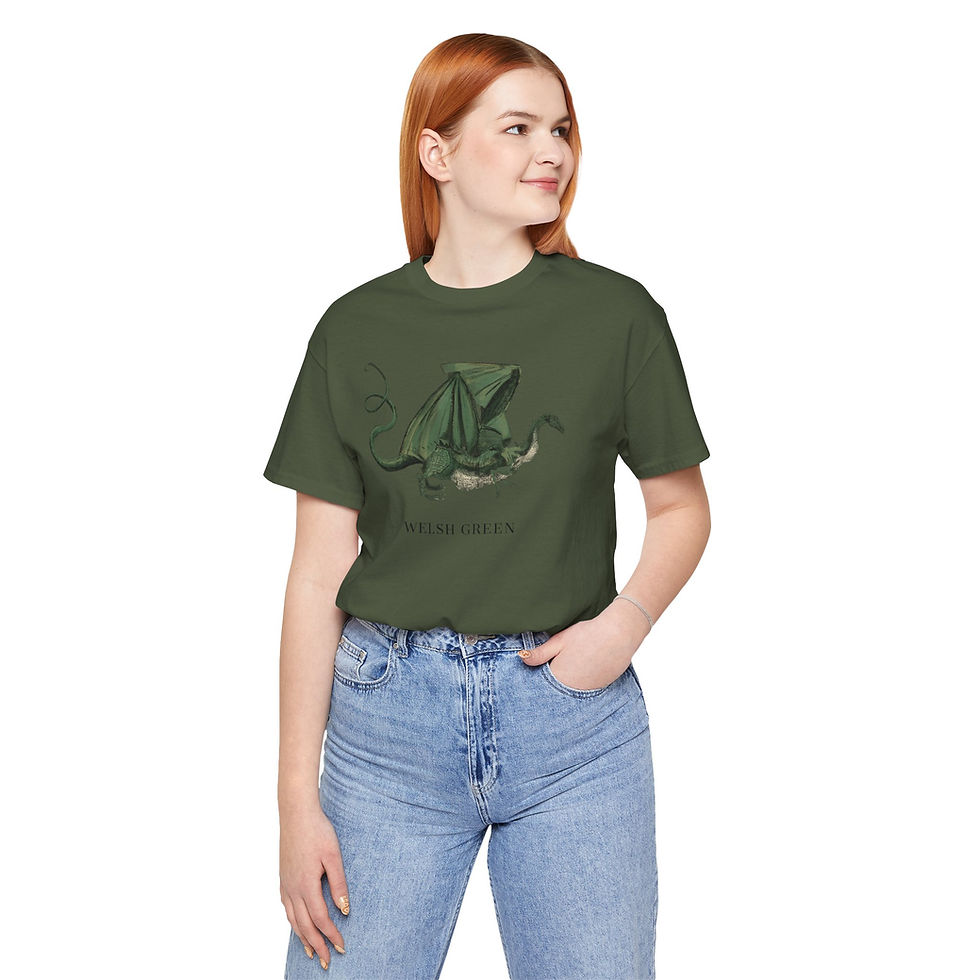 Thumbnail: Woman in green dragon Welsh Green t-shirt