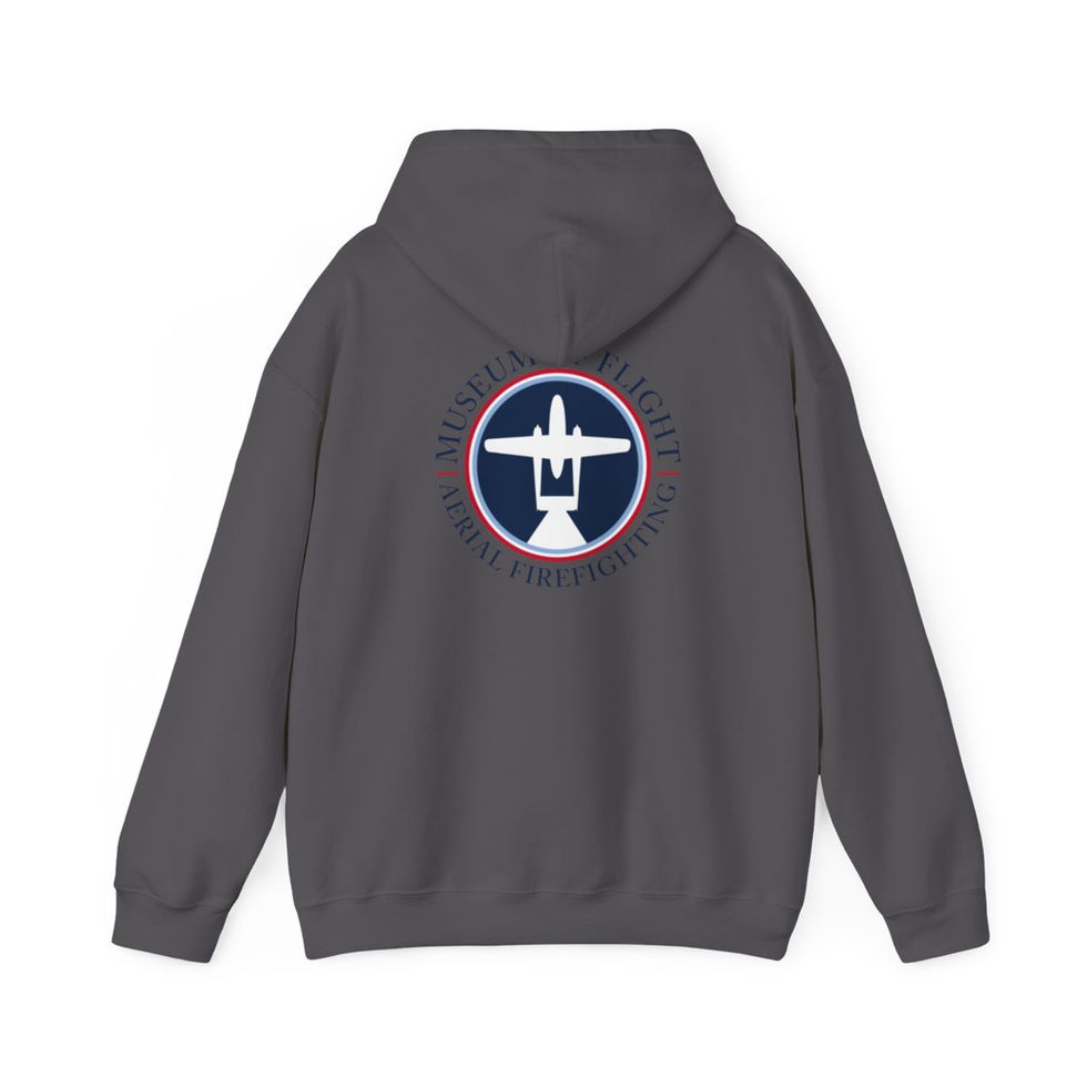 Back of a grey hoodie featuring the round logo of a flying boxcar