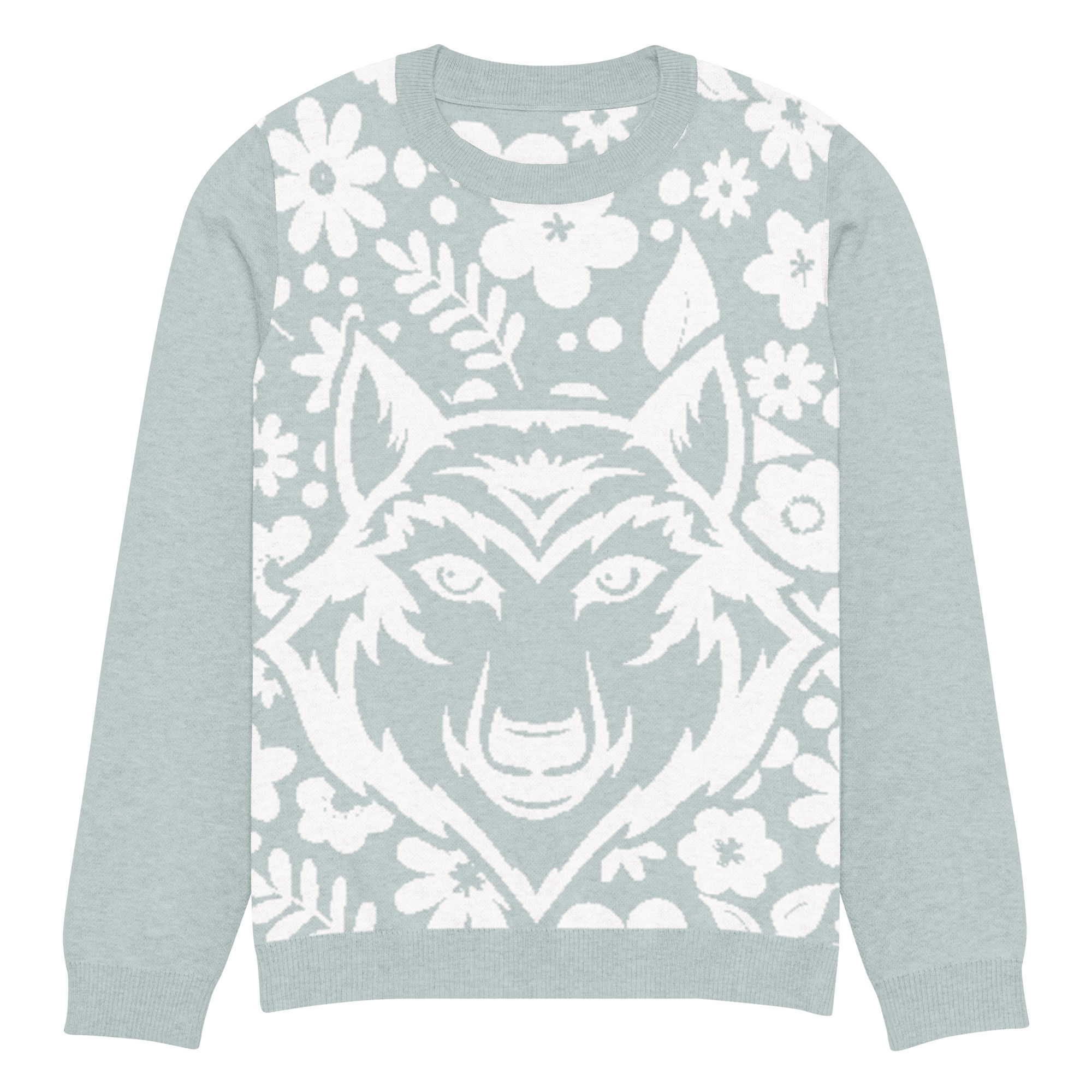 Wolf White Floral | Custom Knitted Crew Neck Sweater | Powder