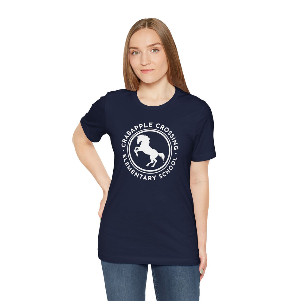 Woman modeling Crabapple Crossing Elementary School t-shirt