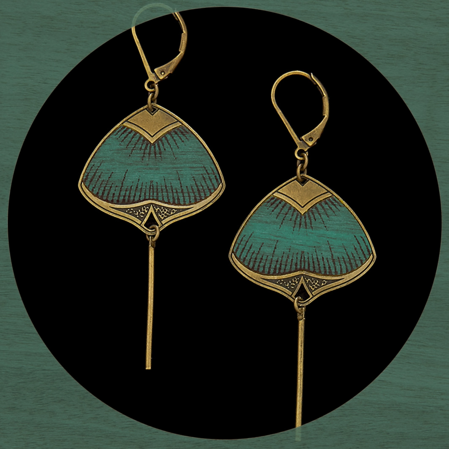 Pive Wood Earrings by Amelie Blaise | Art Deco | Peacock Blue