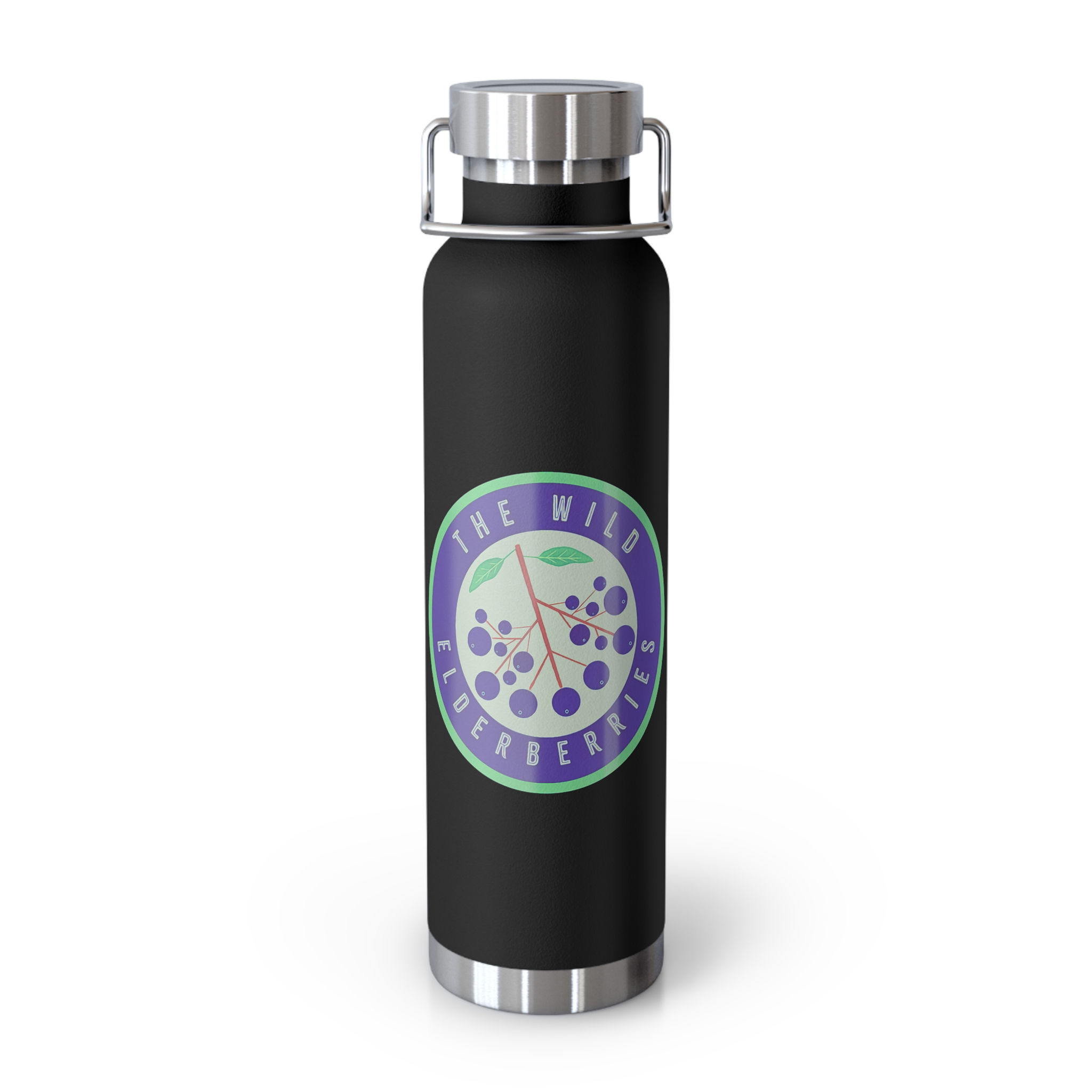 Black water bottle with "The Wild Elderberries" logo