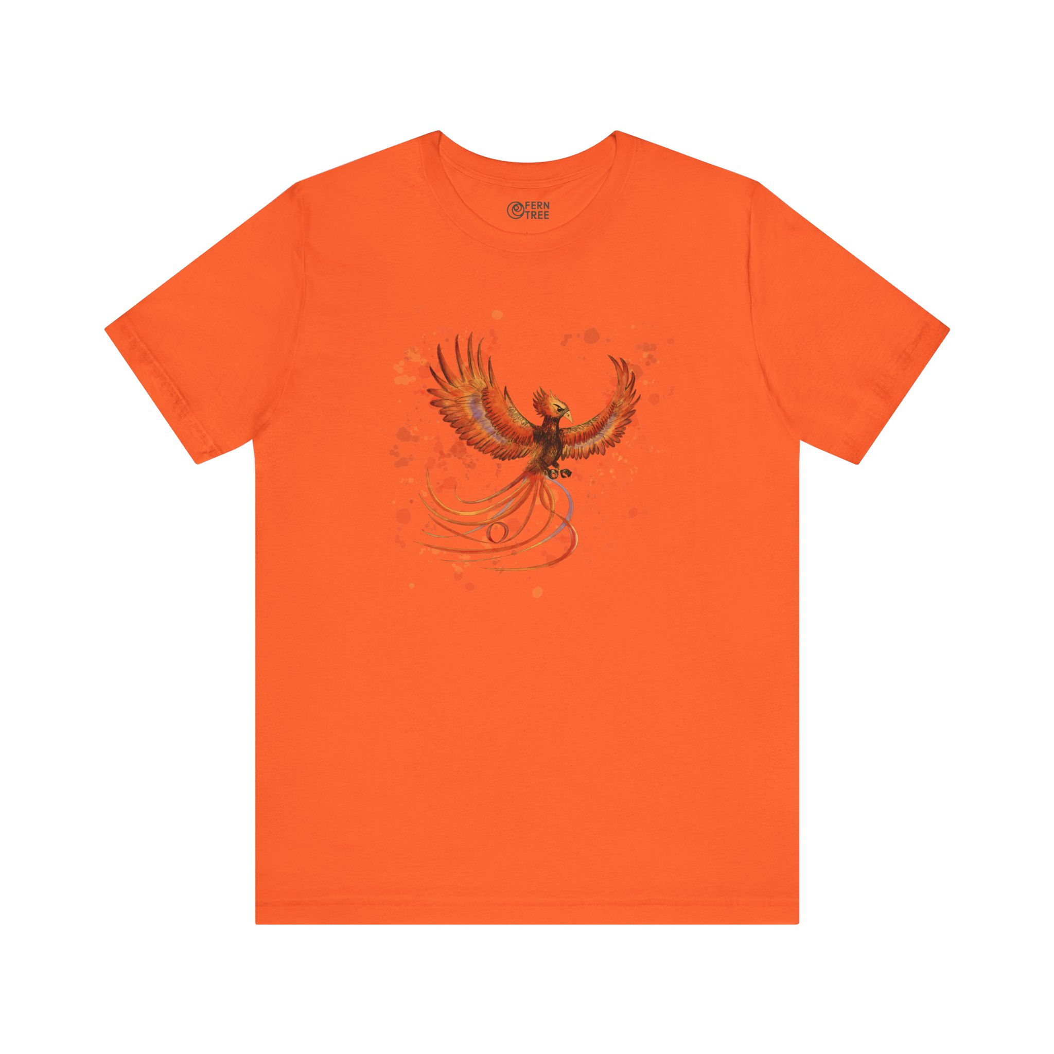 Orange t-shirt with a phoenix design, FernTree logo
