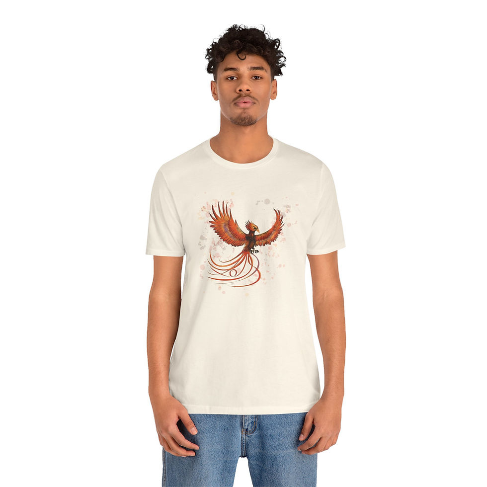 Thumbnail: Model in cream t-shirt, phoenix design