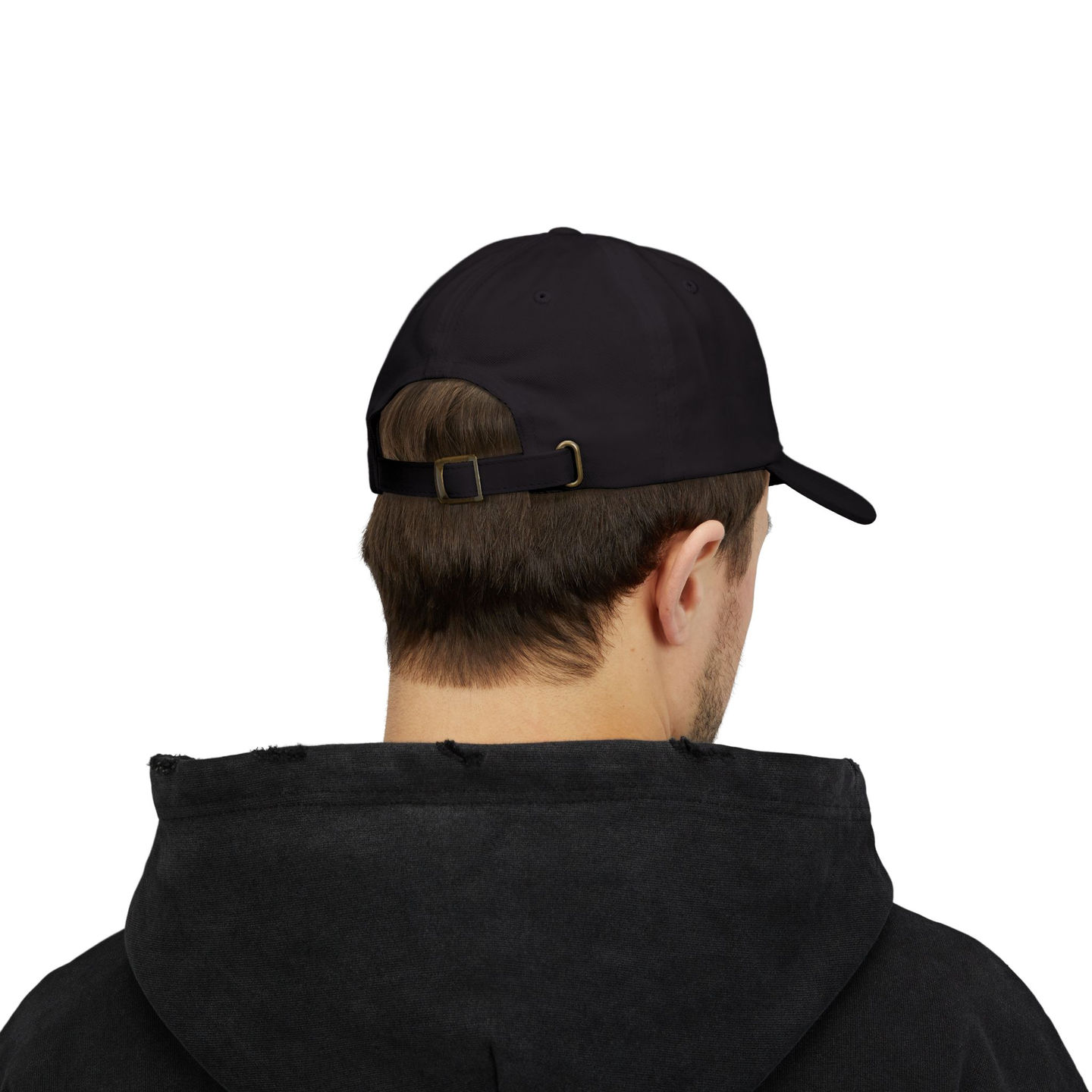 Rear view of black baseball cap on man