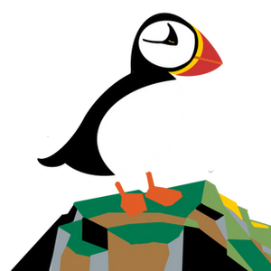 Stylized puffin perched atop a cliff, vibrant colors