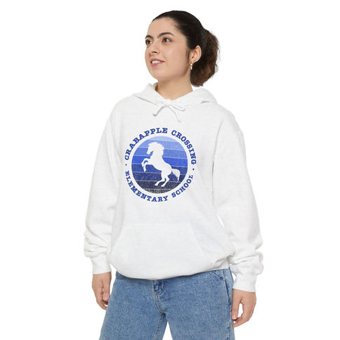 White hoodie with Crabapple Crossing Elementary School logo