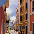 street view with peach buildings
