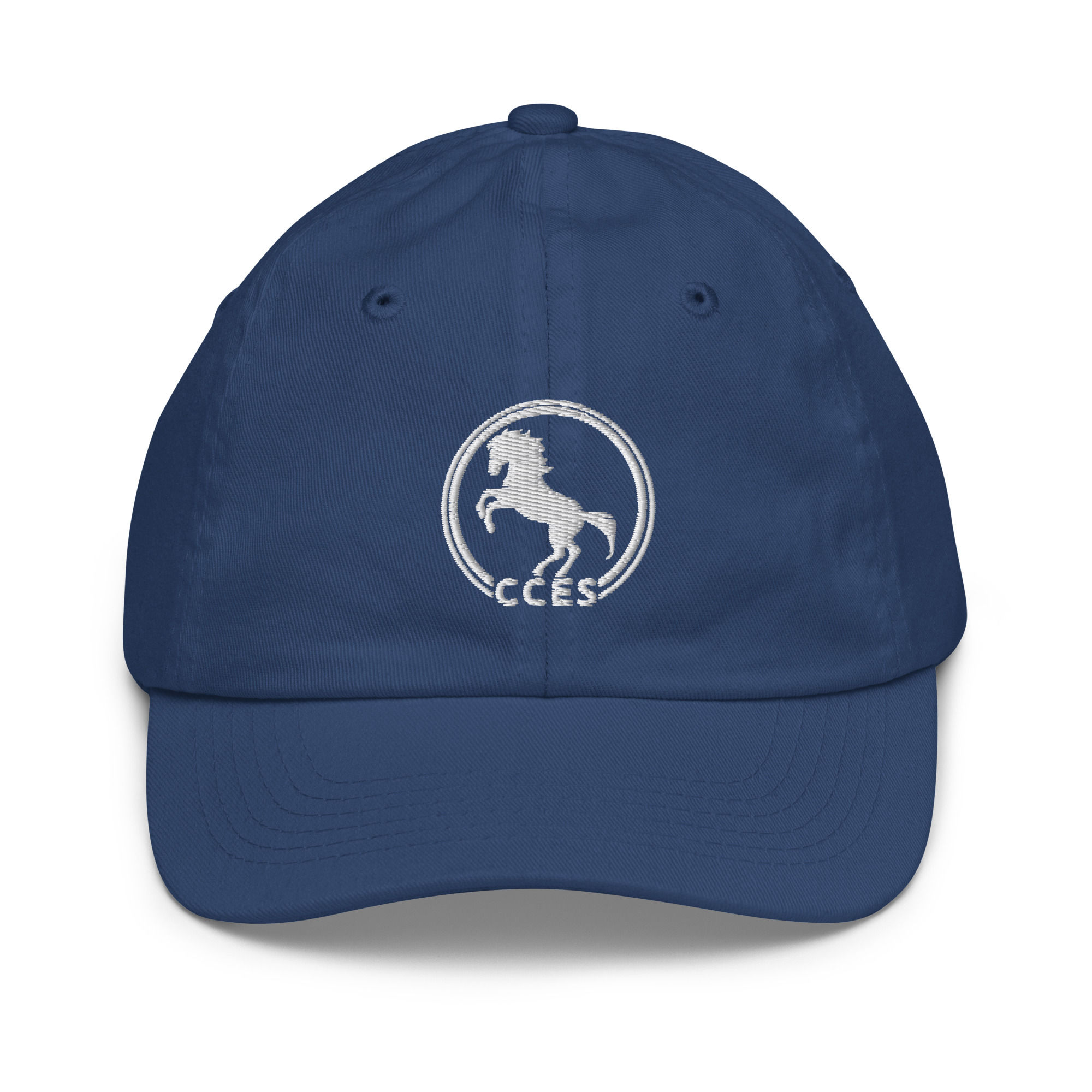 Navy blue youth baseball cap with CCES Colt logo