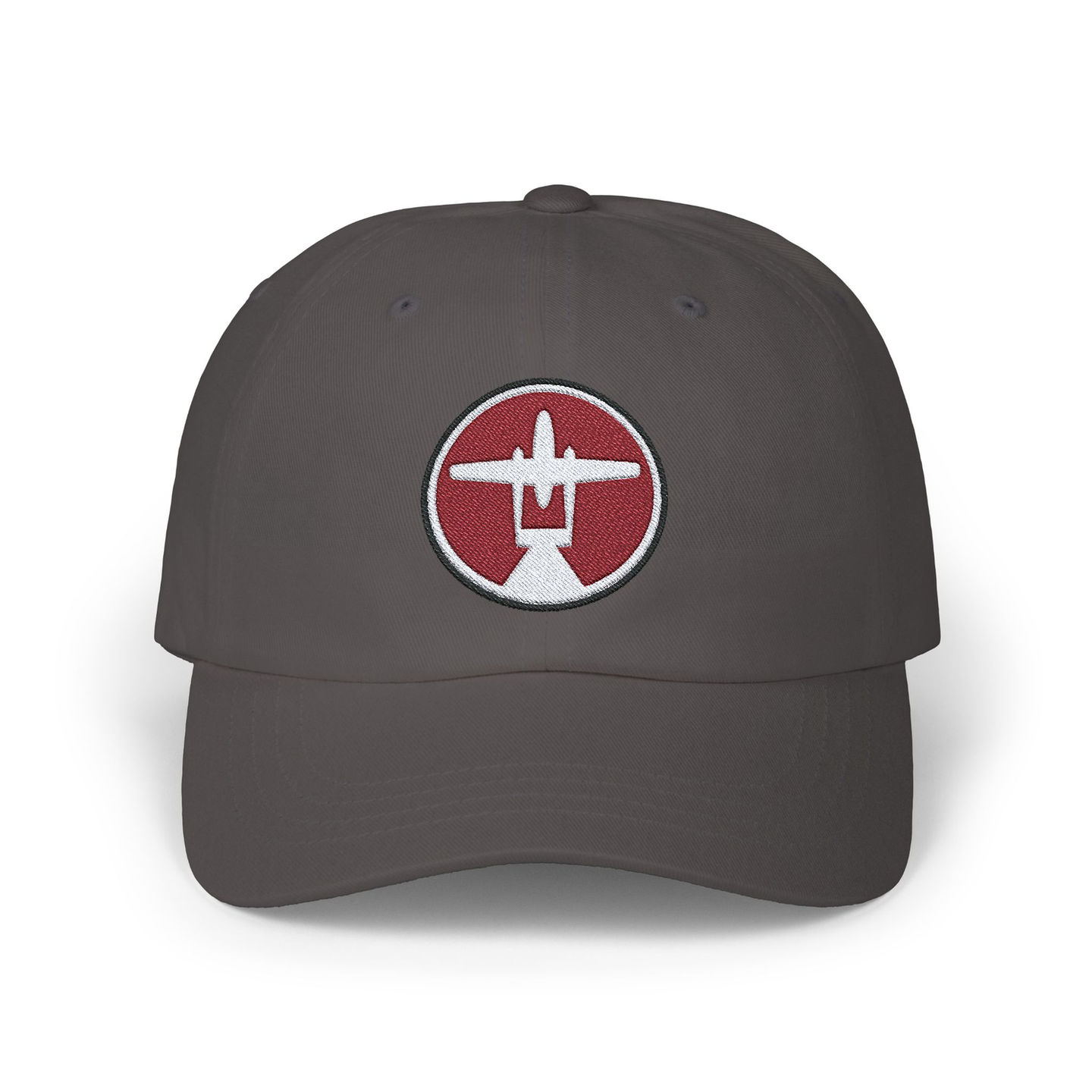 sweet front view of a 100% cotton dad cap with the museum of flight circle logo