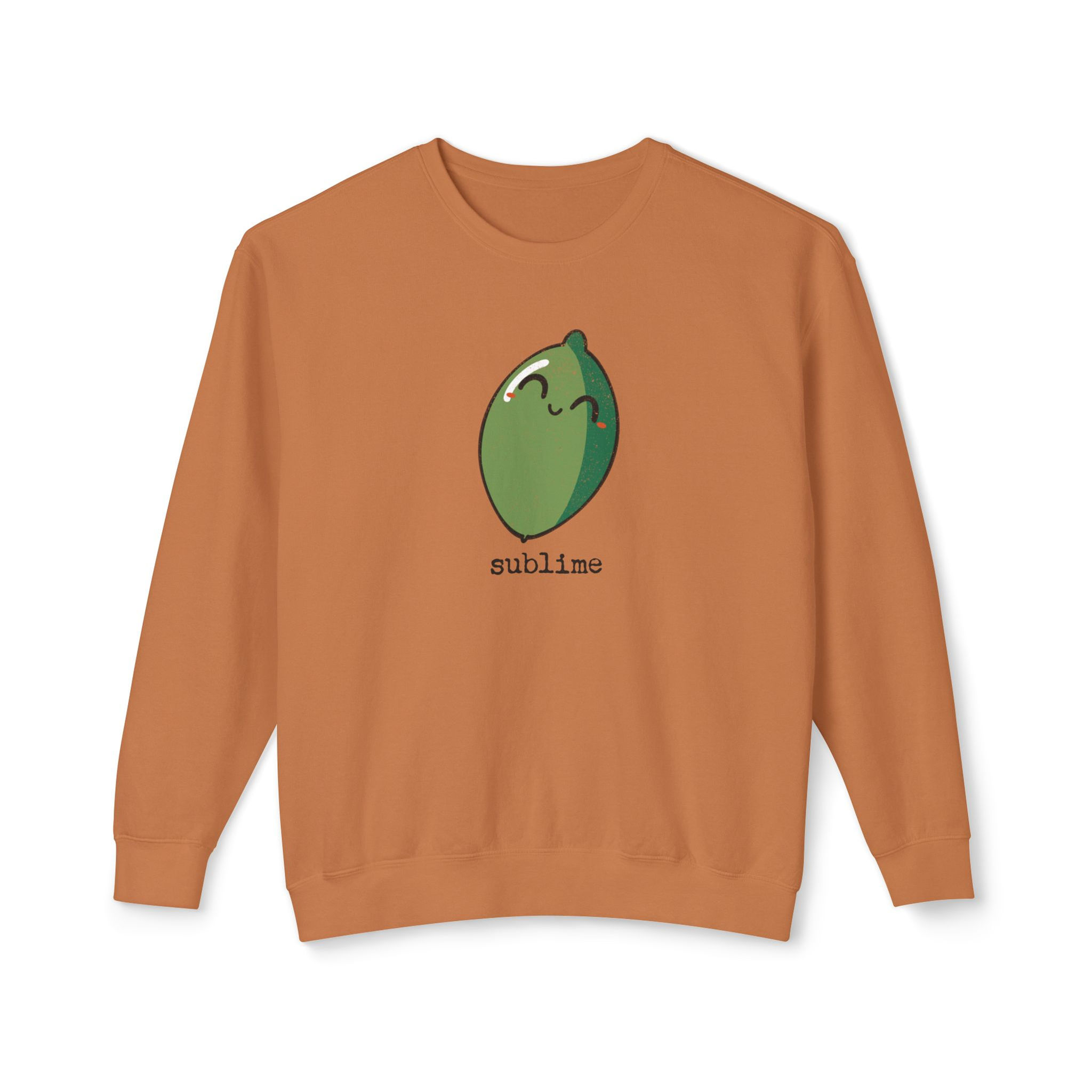 Orange sweatshirt with lime design, text: sublime