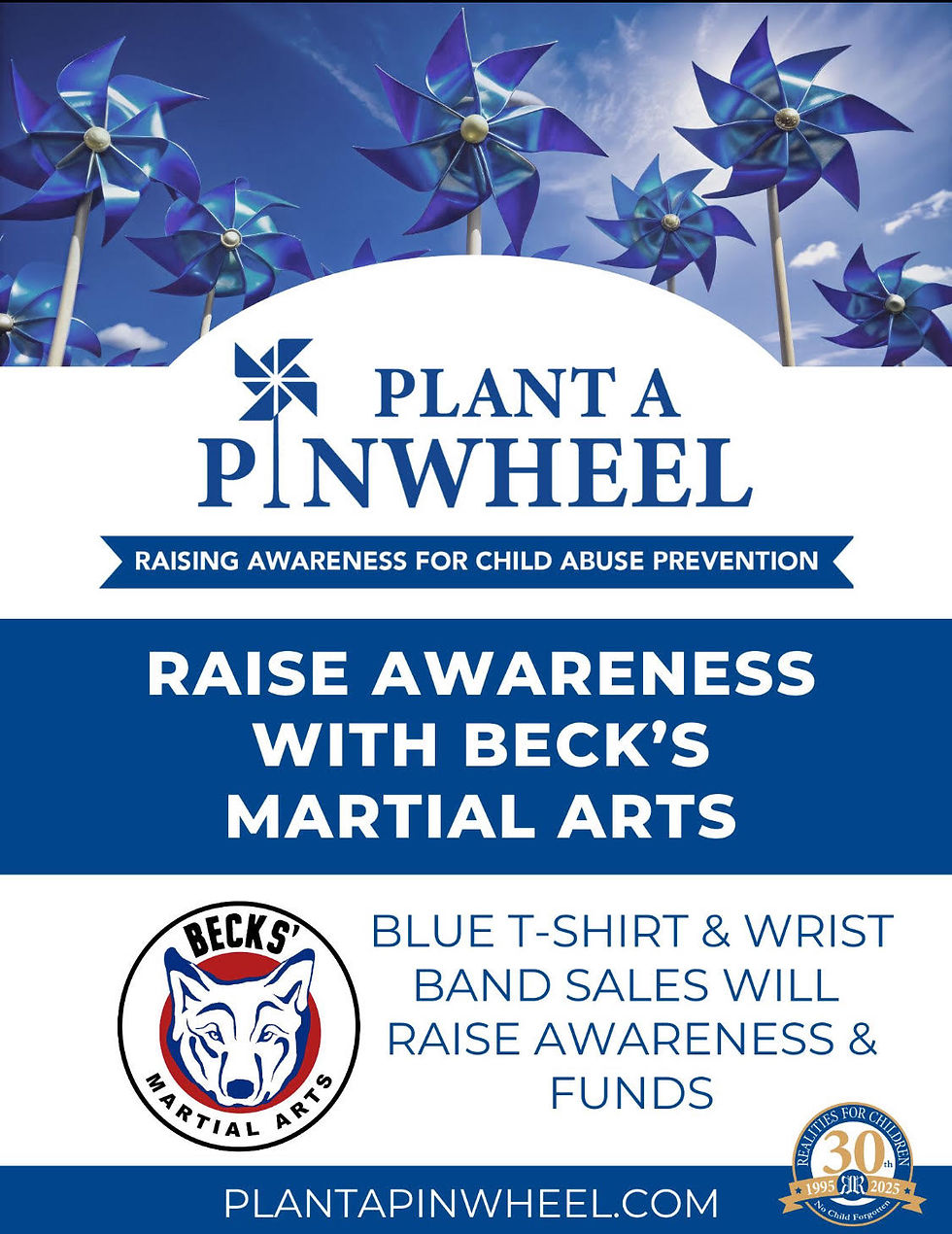 The Realities for Children + Becks Martial Arts flyer to raise awareness for child abuse prevention in April. Campaign starts now and runs through April 2025.