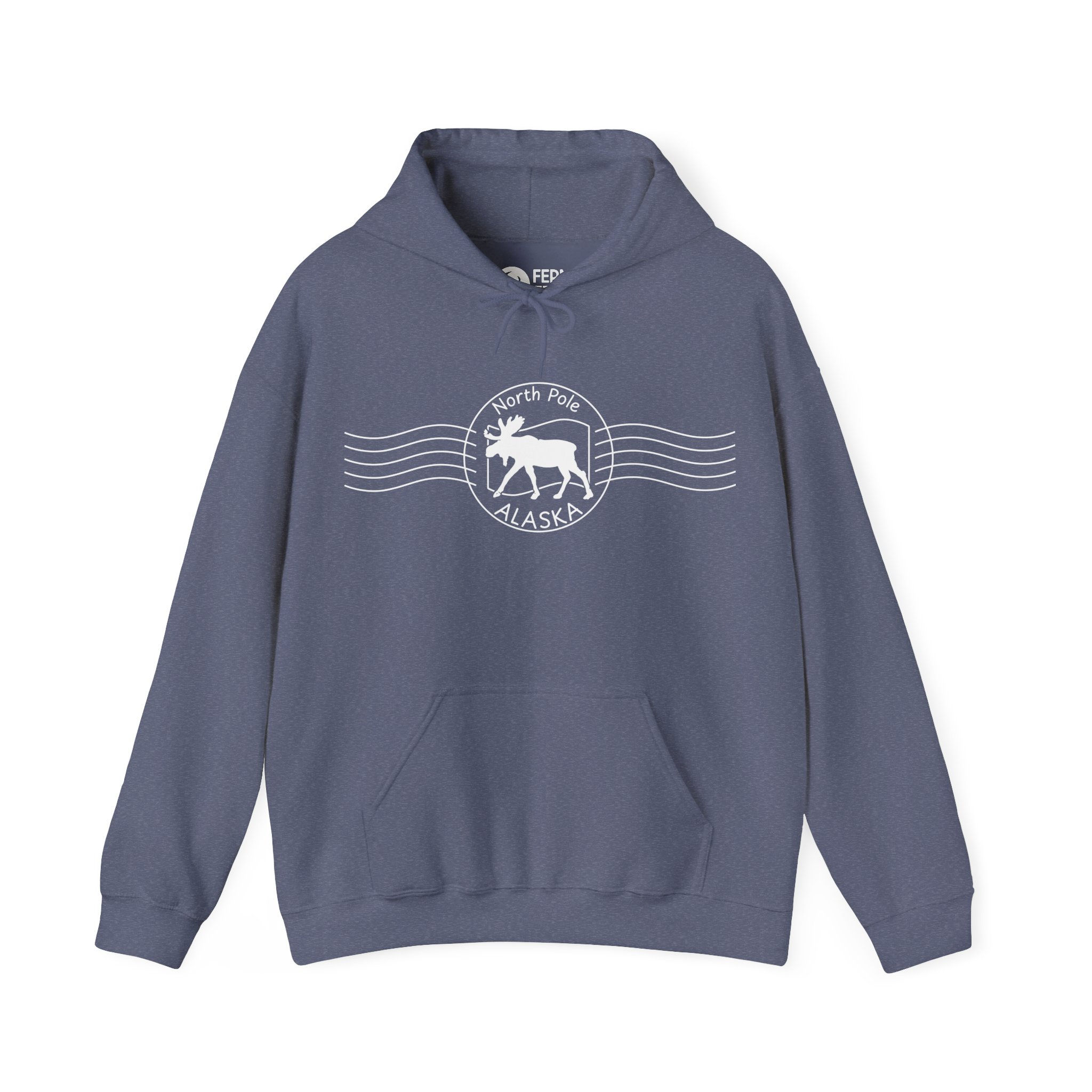 Moose + North Pole Stamp | Gildan Hoodie | Heather Navy