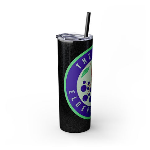 Black tumbler with The Wild Elderberries band design