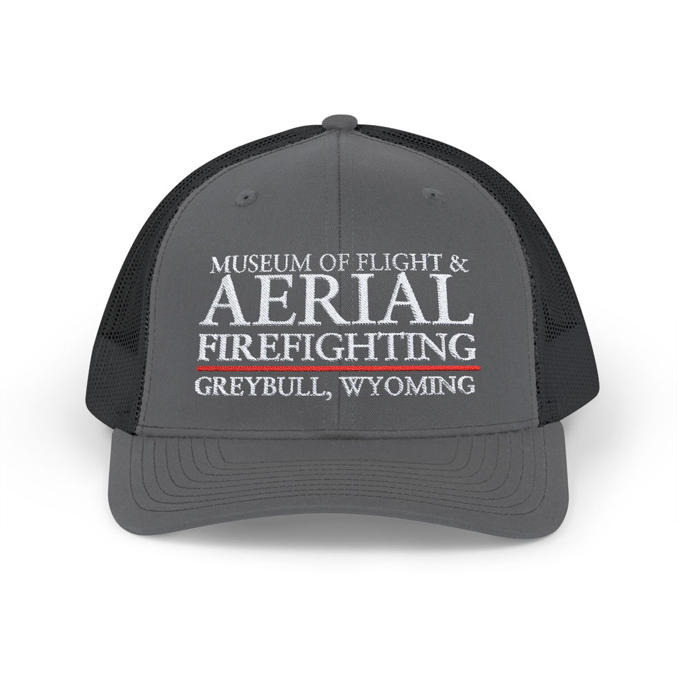 Grey trucker hat with Museum of Flight & Aerial Firefighting, Greybull, Wyoming embroidery.